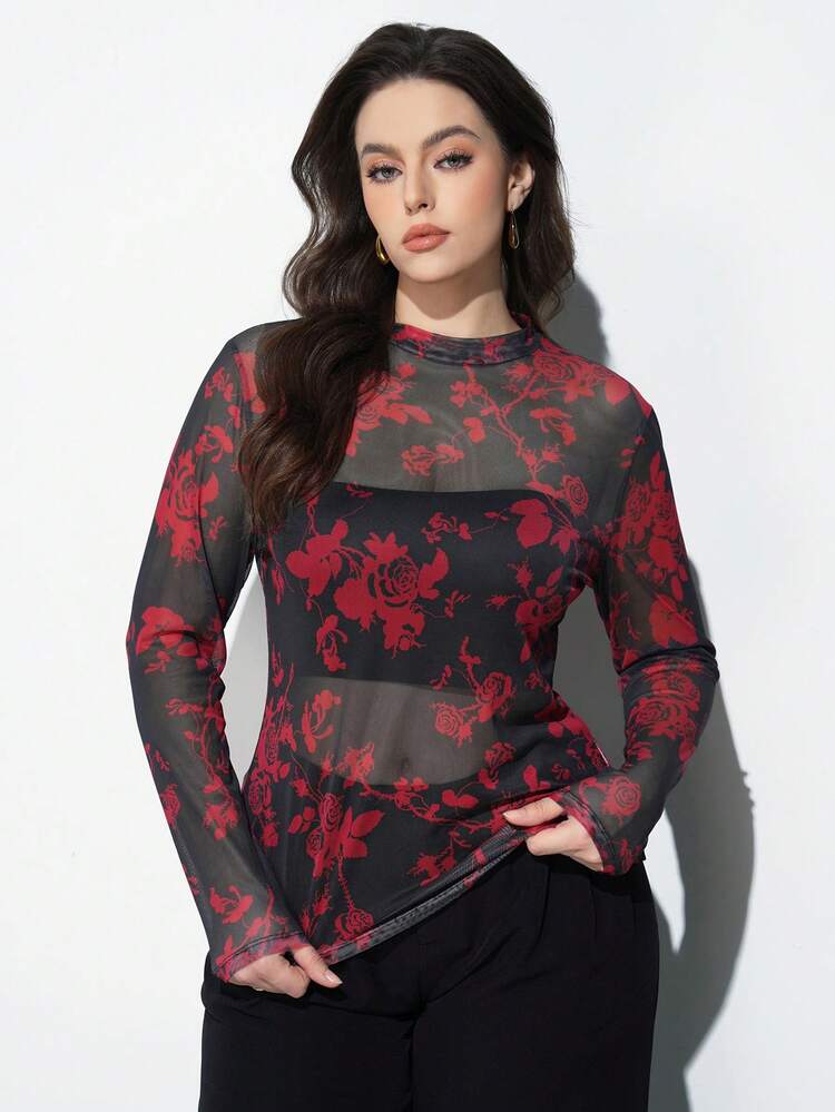 SHEIN Maija Plus Size Women's Sheer Rose Floral Print Long Sleeve Fitted Blouse, Versatile For Urban Commute, Business, Casual, Summer, Date Night, Elegant Sheer Long Sleeve Top Long Sleeve Mesh Top Red Mesh Top Mesh Tops For Women Black And Red Top