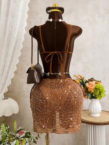 Bộ bikini màu kaki đính sequin mới dành cho nữ, thời trang cho bãi biển, kỳ nghỉ và hẹn hò, mùa xuân/hè. - màu nâu - Xem 5