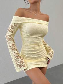 SHEIN EZwear Elegant Apricot Off Shoulder Lace Mini Dress With Long Sleeves And Ruched Bodycon Design - Apricot - View 3
