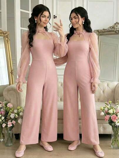 少女优雅高领网纱拼接纯色灯笼袖连体裤