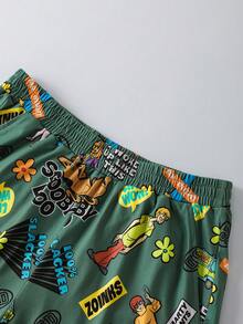 SCOOBY-DOO X SHEIN 男士休闲卡通图案圆领短袖上衣和短裤家居服套装，夏季 - 黑色 - 查看 7