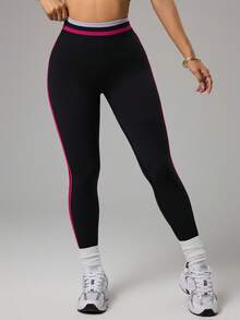 Dewbera 女士休闲运动侧条纹提臀紧身裤 - 黑色 - 查看 4