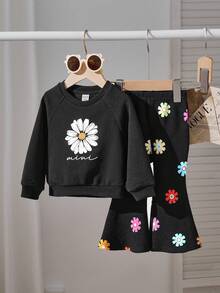 2pcs Baby Girl Loose Casual Minimalist Comfortable Round Neck Long Sleeve  Floral Pattern Sweatshirt And Flare Pants Set  Floral Pattern Knit Soft Crew Neck Long Sleeve Sweatshirt And Long Pants Set - Multicolor - View 6