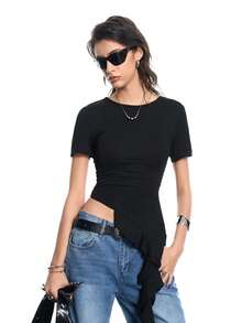 Airlisse Women's Y2K Fashion Ruffle Hem Long Sleeve T-Shirt, Suitable For Graduation, Party, And Everyday Wear - Black - View 7