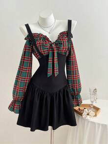 Elamini 女士时尚格子印花荷叶边拼接连衣裙 - 墨綠色 - 查看 5