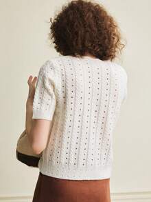 Écloséra French Retro Loose V-Neck Short Sleeve Knit Open Front Lacing Beaded Edge Beige Women's Spring/Summer Knit Top, Summer Tops Summer Outfits For Women Holiday Outfits For Women Casual Tops For Women White Top Eyelet Top Knit Tops Crochet Tops For Women Eyelet Tops For Women Women's White Top Women's Tops And Blouses Women's Tops For Summer Knit Tops For Women Blouses For Women Summer - Beige - View 2