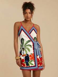 Travachic Đầm hai dây mini nữ phong cách tối giản, buộc dây, họa tiết cây dừa nhiệt đới và vẹt, kiểu bohemian, phối màu retro, thích hợp cho các buổi đi chơi, đi biển, du lịch, thanh lịch. - trắng - Xem 2