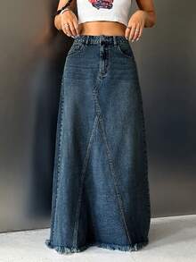 SHEIN ICON Gonna di jeans casual alla moda, stile urban chic, adatta per uso quotidiano, con orlo sfrangiato e lunghezza extra lunga - Blu lavato scuro - Visualizzare 3