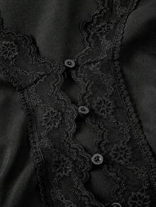 SHEIN MOD Bluză neagră cu mâneci bufante și dantelă pentru femei - Negru - Vizualizare 7