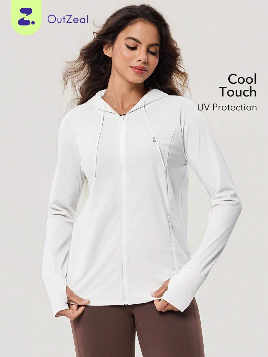 OutZeal Women Sun-Proof Jacket Summer Camping Hiking UV Protection Quick-Drying Cool Touch Hooded Long Sleeve Feature Thumbhole - White - View 1