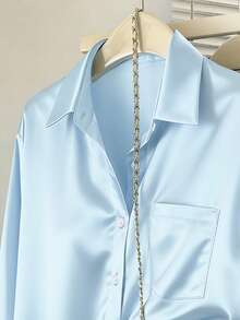 INAWLY Women's Solid Color Front Button Pocket Casual Long Sleeve Shirt - Baby Blue - View 3