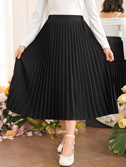 SHEIN Tween Girls' Elegant Black Solid Pleated Skirt, Versatile Graceful Skirt, Academic Style Pleated Skirt