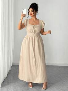 Elenzga Đầm nữ cỡ lớn cổ vuông tay bèo nhún đôi thiết kế nơ trước và sau, kiểu dáng thường ngày, thích hợp cho mùa xuân/hè. - Màu be - Xem 5