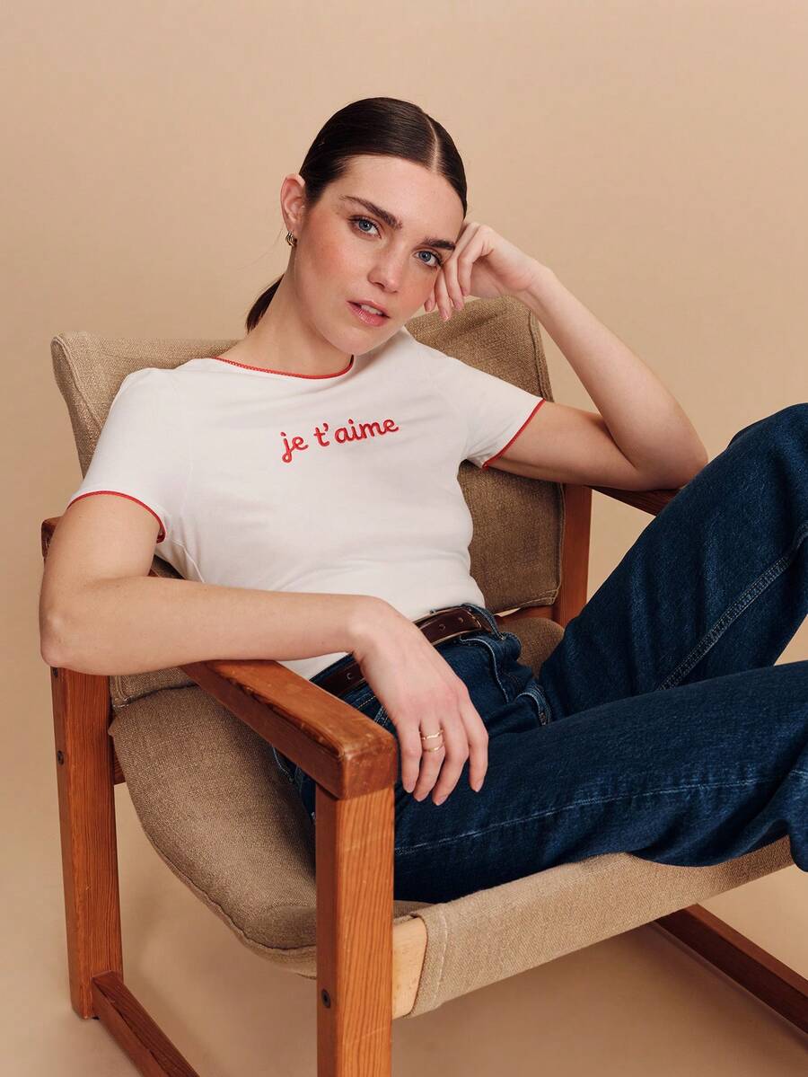 lacRébo White Short Sleeve Tshirt With Red French Embroidered Front 'Je T'aime' Cute Romantic Valentines French Style Parisian Style Slogan Tee Vacation Outfit Valentines Day Spring Summer - White - View 1