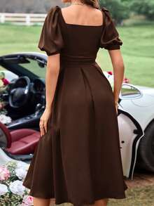Aveloria Rosie Ruched Fake Button Puff Sleeve Sweetheart Neck Split Thigh Satin Dress Vacation Outfits Woman  - Brown - View 2