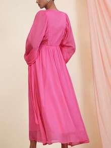 BELROSIE Vestido largo de manga farol de gasa brillante con cuello redondo versátil, lazo y botones, de manga larga y fluido, color rosa, para otoño/invierno - Rosa - Ver 4