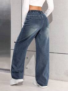 SHEIN 少女Y2K休闲基础款宽松蓝色牛仔裤，适合感恩节、秋冬季穿着。 - 深色水洗藍 - 查看 5