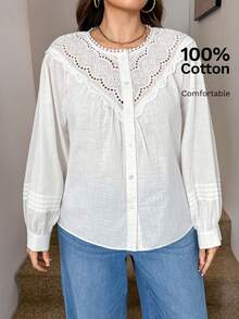 SHEIN LUNE 大码春季休闲女装夏季度假白色圆领优雅蕾丝刺绣长袖端庄上衣 Id AI-Adha Glamorous - 白色 - 查看 8