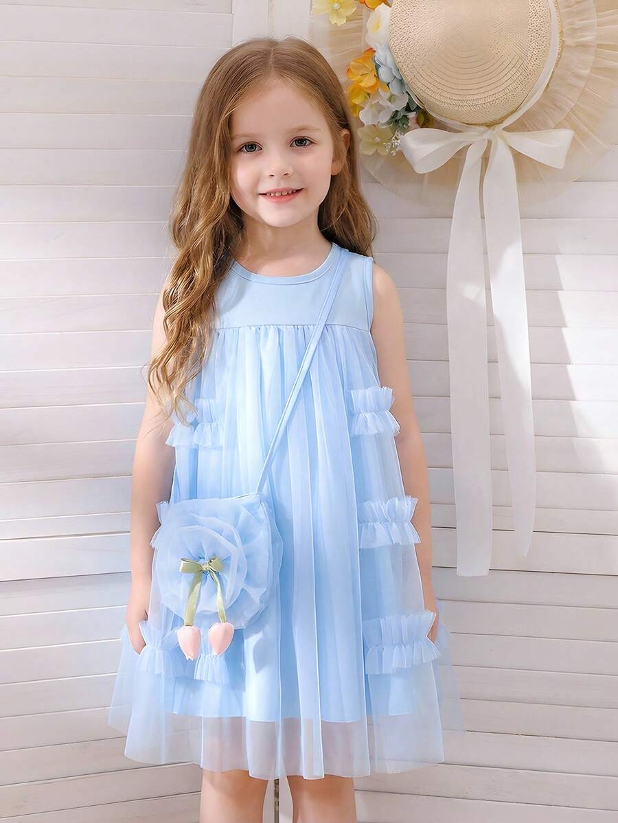 Young Girl' Blue Frill Trim Mesh Sleeveless Dress With 3D Tulip Flower, Blue Crossbody Bag, Elegant Summer Party Dress, Holiday Outfit - Blue - View 1