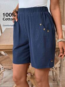 EMERY ROSE 女士休闲纯色弹力腰短裤 - 藏蓝色 - 查看 1