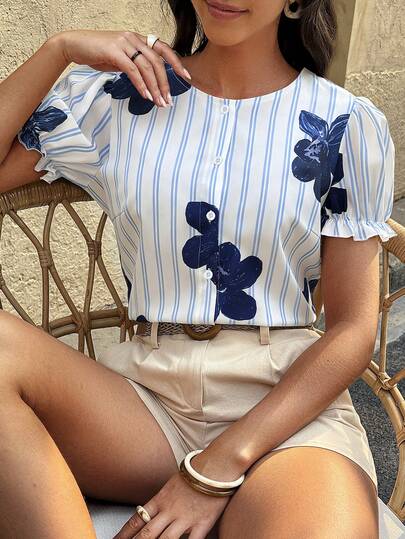 Louniche Blusa holgada de manga corta con volantes, estampado floral y de rayas, para vacaciones casuales de verano para mujer