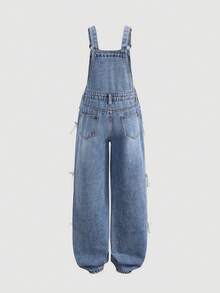 SHEIN 少女时尚休闲Y2K复古酷炫街头风蝴蝶结侧系带蓝色牛仔宽松舒适露背牛仔裤，适合少女日常穿着，也适合春夏派对、音乐节和街头服饰，2026春夏新款时尚 - 藍色 - 查看 2