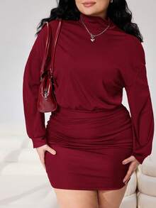 SHEIN EZwear Đầm ngắn nữ màu đỏ tía cổ đứng, màu trơn, thời trang, kiểu dáng thường ngày. - Màu Đỏ Sâu - Xem 7