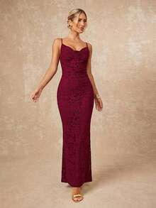 Lumalex 女士优雅提花鱼尾修身连衣裙，度假风，夏季 - 紅木色 - 查看 9