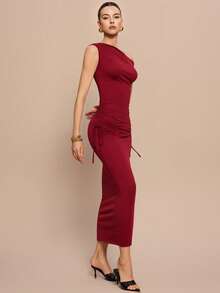 Leighera 秋季性感露肩修身抽绳长连衣裙 - 酒紅色 - 查看 4