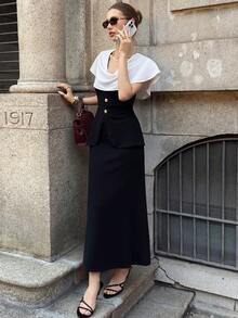 Siren Gaze 女士优雅通勤摆领纽扣装饰连衣裙，夏季 - 黑與白 - 查看 7