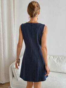 Siren Gaze 女士条纹单排扣圆领无袖休闲迷你连衣裙 - 藍色 - 查看 4