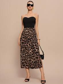 女士高腰豹纹侧开衩度假半身裙，适合海滩度假 - 彩色 - 查看 2