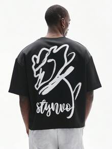 STYNVO 男士字母图案印花T恤，休闲圆领短袖T恤，男士宽松T恤，男士图案T恤，男士宽松图案T恤，男士印花T恤，男士落肩T恤 - 黑色 - 查看 5