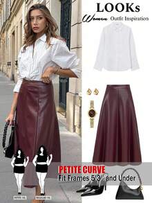 SHEIN PETITE CURVE Plus Size Petite Women's Elegant Burgundy PU Fabric Skirt,Elastic Waist A-Line Design For Autumn Everyday Concerts Parties Wedding Guests Birthdays - Burgundy - View 1