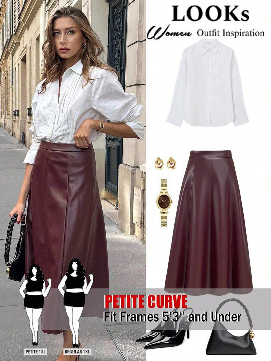 SHEIN PETITE CURVE Plus Size Petite Women's Elegant Burgundy PU Fabric Skirt,Elastic Waist A-Line Design For Autumn Everyday Concerts Parties Wedding Guests Birthdays - Burgundy - View 1