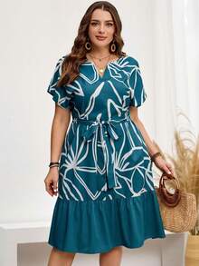Miaspire Gaun Liburan Kasual Ukuran Besar dengan Motif Bunga dan Patchwork, Gaun Musim Panas - Dark Green - View 1