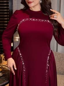Modelyn 珠饰水钻点缀 A 字型喇叭拼接优雅大码正式礼服 - 酒紅色 - 查看 3