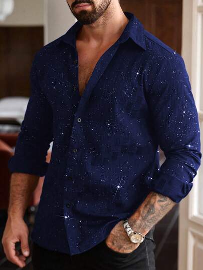 Manfinity Homme Plus Size Men's Long Sleeve Collared Button-Up Shirt Men Rhinestone Shirt Mens Sequin Shirt