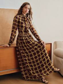 都市时尚不对称格纹印花长袖蝴蝶结腰身连衣裙（女款） - 彩色 - 查看 4