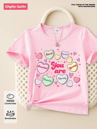 SHEIN GraphicGems 2件装情人节少女休闲时尚创意卡通彩色心形趣味标语印花短袖T恤，姐妹装（2件单独出售）