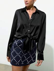 Maija Chân váy ngắn ngang eo dành cho nữ, đính đá pha lê hình thoi, phù hợp cho đi làm trong thành phố, công sở, trang phục thường ngày, cô giáo, trang phục mùa hè thanh lịch, ngày Valentine. - Màu xanh hải quân - Xem 10