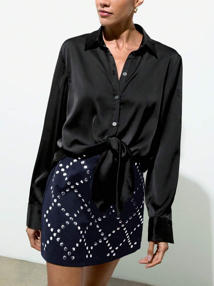 SHEIN Maija Women's Diamond Lattice Rhinestone Embellished Mid-Waist Mini Skirt, Suitable For Urban Commute, Business Casual, Office Wear, Teacher, Elegant Summer Attire, Valentine's Day