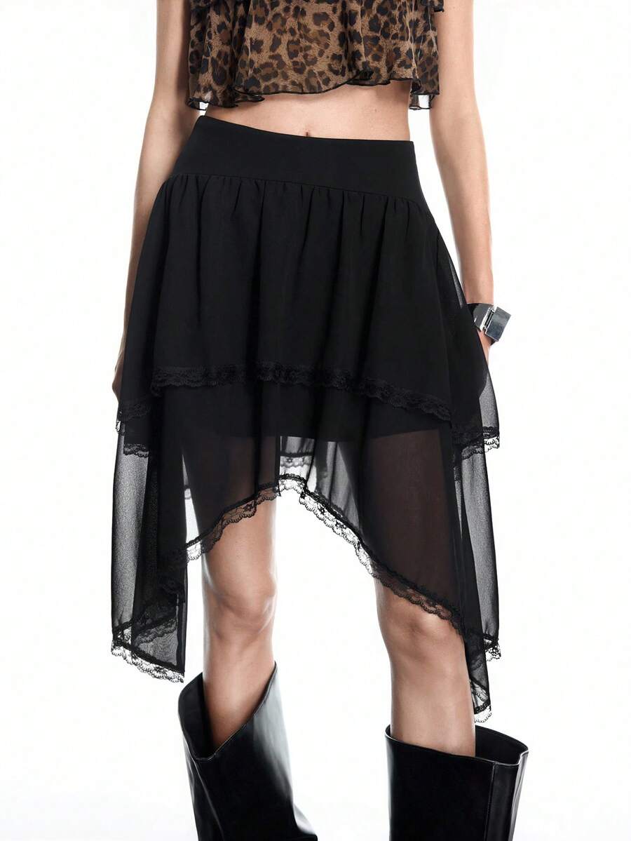 Airlisse 女士不对称休闲百搭雪纺半身裙，春夏款 - 黑色 - 查看 1