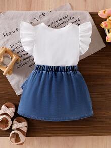 2pcs Baby Girls' Knit Bowknot Sleeveless Top And Denim Patchwork Ruffle Hem Skirt Set, Fashionable & Cute Children Summer Elegant Outfit - White - View 2