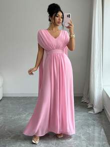 Elenzga Đầm maxi nữ màu trơn chất liệu chiffon, có lớp lót, xếp ly eo, dây rút điều chỉnh, vai rớt, kiểu dáng thanh lịch, cổ điển Pháp, lãng mạn và tối giản, phù hợp cho công sở, đi làm, kinh doanh, thường ngày, đi biển, hẹn hò, phong cách boho, mùa xuân/hè. - Hồng - Xem 3