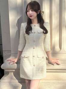 FRIFUL 女士圆领纽扣设计七分袖优雅情人节派对连衣裙 - 米色 - 查看 2