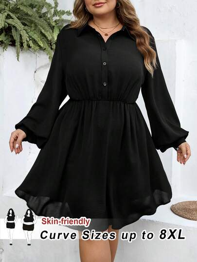 SHEIN CURVE+ Plus Size Waist Cinching Black Fabric Casual Dress, Fashionable Everyday Dress For Plus Size Women Plus Size Ruffle Dress 8xl Women Clothes Plus Size Black Elegant Dress