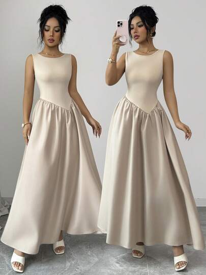 Siren Gaze Women's Simple Solid Color Pleated Sleeveless Dress, Summer