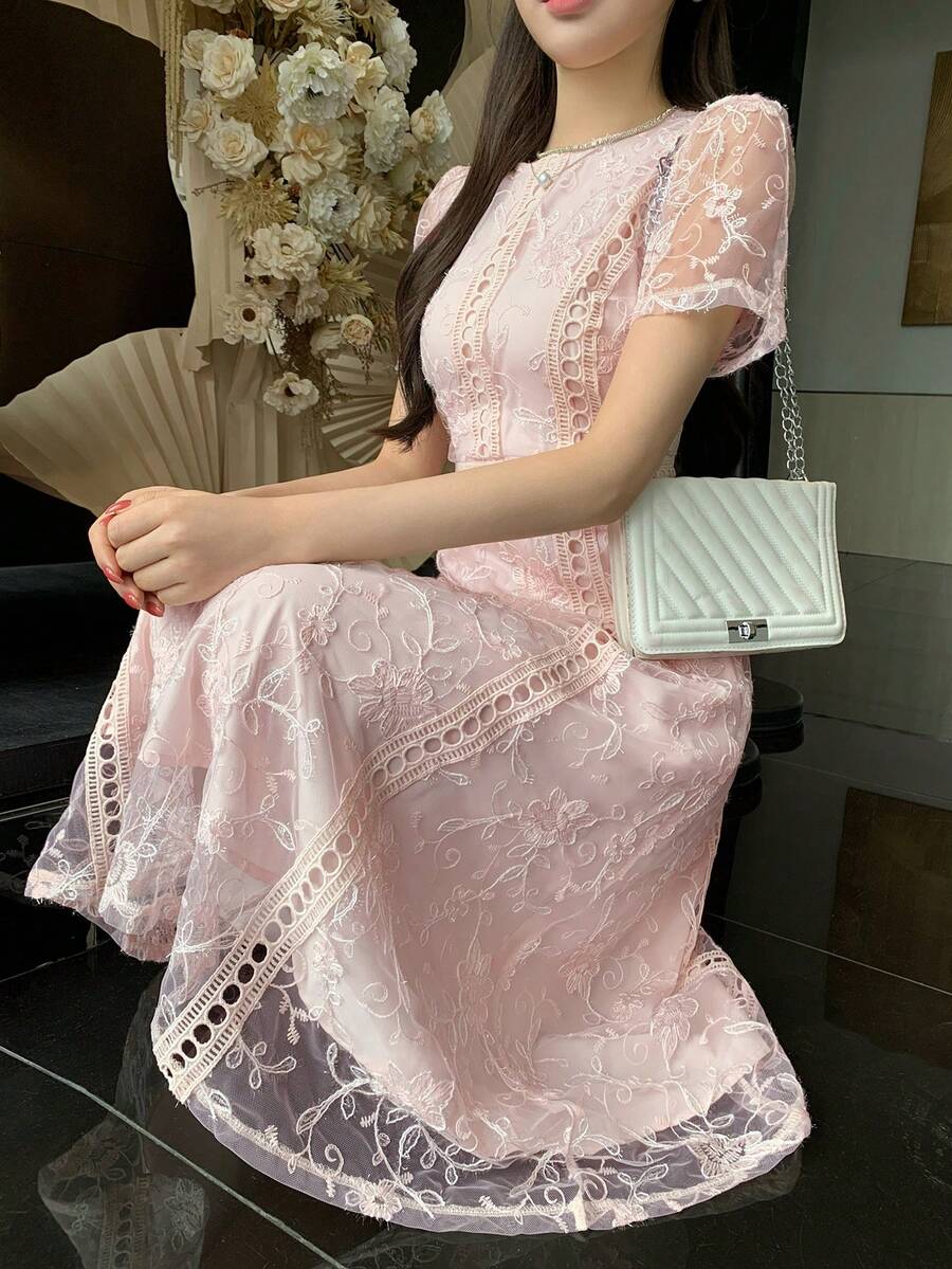 DAZY Đầm ngắn tay viền ren thanh lịch, đầm dự tiệc mini trẻ trung và sành điệu. - Bụi hồng - Xem 1