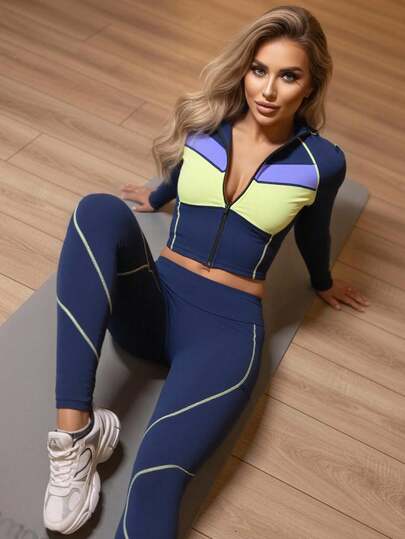 Innovista Färgblockssportkläder för kvinnor Hijab-vänliga skydd Sport Sofistikerad Tvåfärgad design Träningskläder Atletiska outfits Träning Andningsbar Aktiv Crop Top T-shirt med leggings Telefonkortsficka Nederdel Två delar Daglig Yoga Cykel Biker HIIT Kontor Till Court Brunch Till Gym Två delar Multifunktion Athleisure Hela dagen Stretchig Träningskläder Höst Komfort Rörelse Rygglös Mesh Andningsbar Kontrastpasspoaler, Utilitaristisk Chic